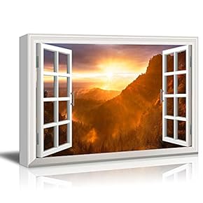 Window Peering into a Mountain Valley with The Sunset