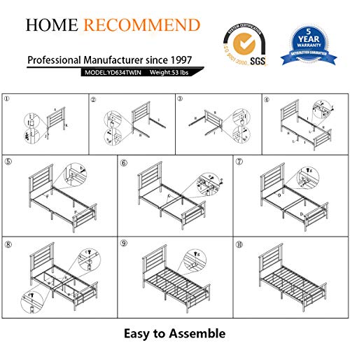 HOMERECOMMEND Dark Bronze Metal Bed Frame Platform with Headboard and Footboard Box Spring Replacement Mattress Foundation Heavy Duty Steel Slats, Twin