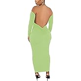 YUEWOO Womens Long Sleeve Off The Shoulder Maxi Dress Sexy Bodycon Midi Dresses Club Outfits