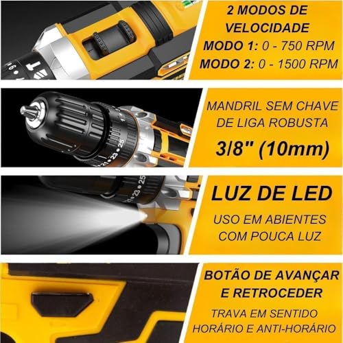 Furadeira e Parafusadeira de Impacto Sem Fio 48V Com LED, 2 Baterias Recarregáveis, Kit 32 Acessórios + Maleta Completa Premium – Alta Potência para Uso Profissional e Doméstico