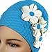BEEMO Latex Swimming Cap for Women, Swim Cap for Long Hair or Short Hair, Bath & Swim Caps to Shield Hair from Damage, Use as Large Shower Cap, Light Blue Swimming Cap with White Flowers
