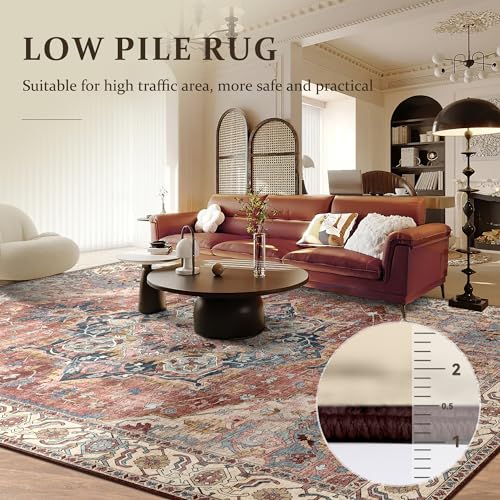 8x10 Washable Large Boho Area Rug for Living Room Bedroom Office Kitchen Entrance Dining Room Non Slip Soft Low-Pile Deerly Vintage Farmhouse Bohemian Rug, Brickred