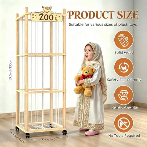 Stuffed Animal Storage, Wooden Large Stuffed Animal Holder Organizer with Wheels, Extra Large Capacity Plush Toy Cage, Stuffed Animal Holder, Gift for Nursery Playroom Kidroom Bedroom