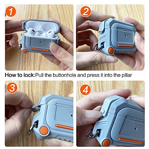 Dikdoc for AirPods Pro 2nd Generation Case Cover with Lock and Keychain, Apple AirPods Pro 2 Silicone Armor Case Magsafe Watch Charger Compatible AirPods Pro Protective Case Men (Gray)