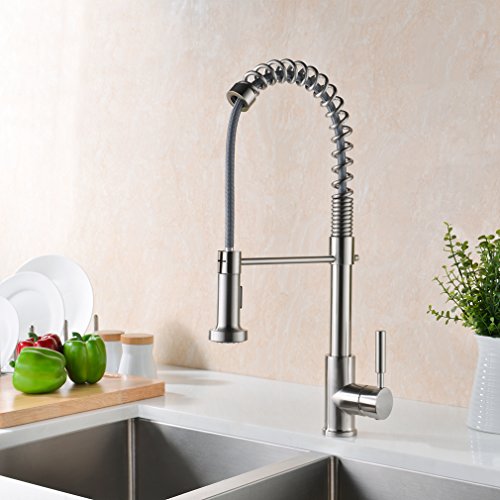 GICASA Upgraded Version Solid Brass Commercial Style Single Handle Pull Out Sprayer Kitchen faucet, Brushed Nickel Stainless Steel Pull Down Kitchen Sink Faucets - Thumbnail 5