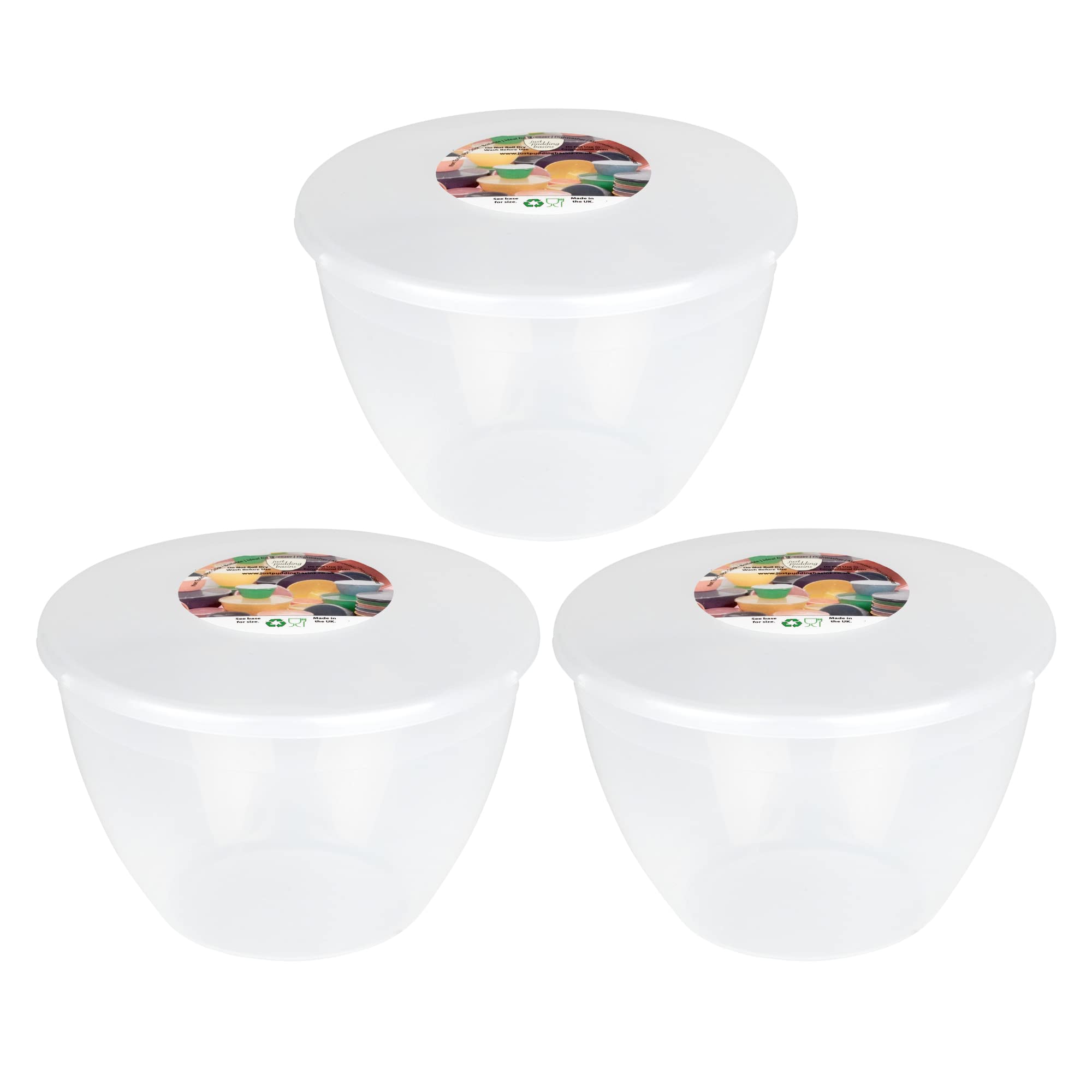 Just Pudding Basins Clear 1.5 Pint, 850ml Basin (3 Pack) Food Safe Plastic Bowls and Lids for Steam Cooking