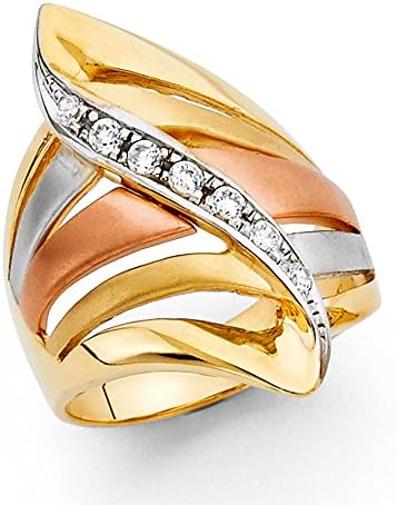 Paradise Jewelers 14K Solid Yellow Gold Cubic Zirconia 27mm Tri-Color Thick Fancy Ring