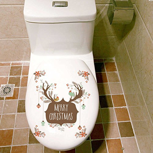 BIBITIME Merry Christmas Wall Quotes Elk Antler Branch Flower Birds Decals for Living Room Shop Glass Door Display Window Bathroom Toilet Lid Seat Cover Decor Sticker DIY