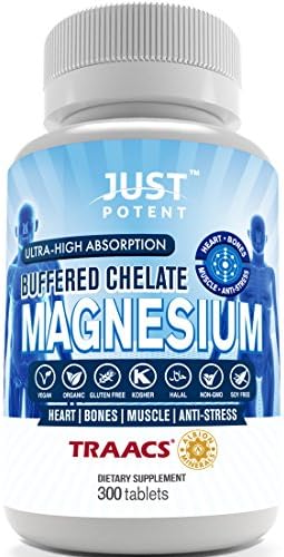 Just Potent Ultra-High Absorption Magnesium Chelate ◘ 100mg Tablets ◘ 300 Tablets ◘ Heart, Bones, Muscle, and Anti-Stress Supplement ◘ Organic, Vegan, and Gluten Free