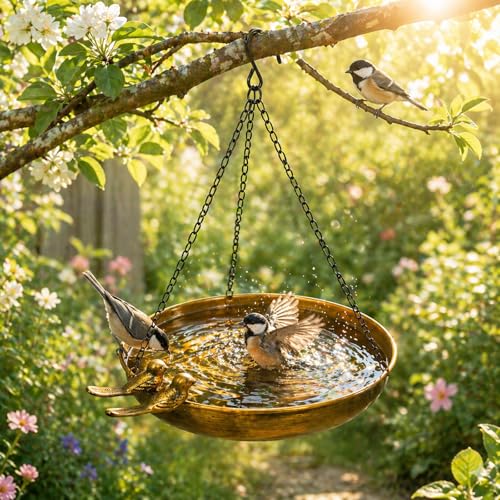 ZhouWei Bain d'oiseaux Suspendu en Métal, 25 cm Diamètre Abreuvoir Oiseaux Exterieur Suspendues, Bain Suspendu pour Oiseaux Jardin, Arrière Cour, Terrasse, Petits Decoration Jardin Balcon