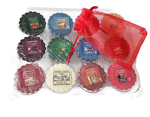 Yankee Candle Fall Wax Tarts Melts 12 Assorted in Storage Container Gift Box Plus Bonus Organza Sachet Bag - Autumn Christmas Bundle