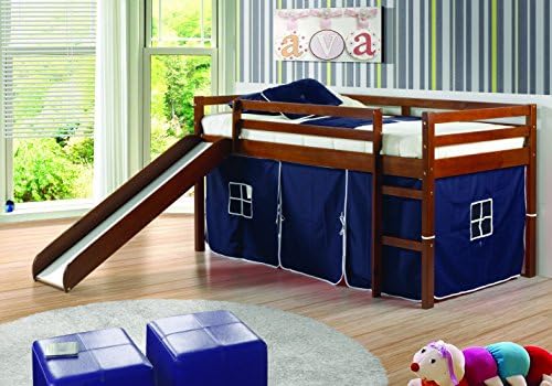 Toddler Loft Bed with Slide and Blue Tent & Free Storage Pockets