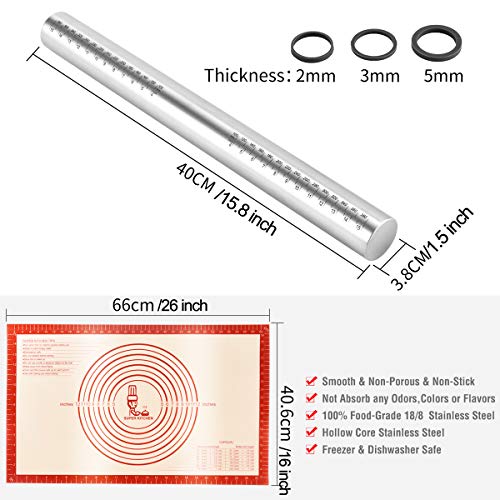 Non-Stick Stainless Steel Rolling Pin with Removable Guide Rings + Non-Slip Silicone Pastry Baking Mats 26Ã—16 inch, Adjustable Dough Roller for Pizza, Pasta, Pie Crust, Cookie, Fondant Icing