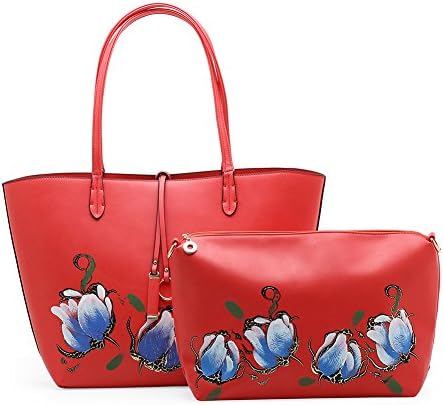 Amarte Women's Waterproof Soft Leather Tote Bag Hand Painted Flower Shoulder Handbag Set, Red