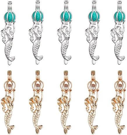 Mermaid Oyster Pearl Bead Cage Pendant Rose Gold White Gold Plated Essential Oil Diffuser Cage Charms for Handmade Jewelry Gift(Pack of 10)