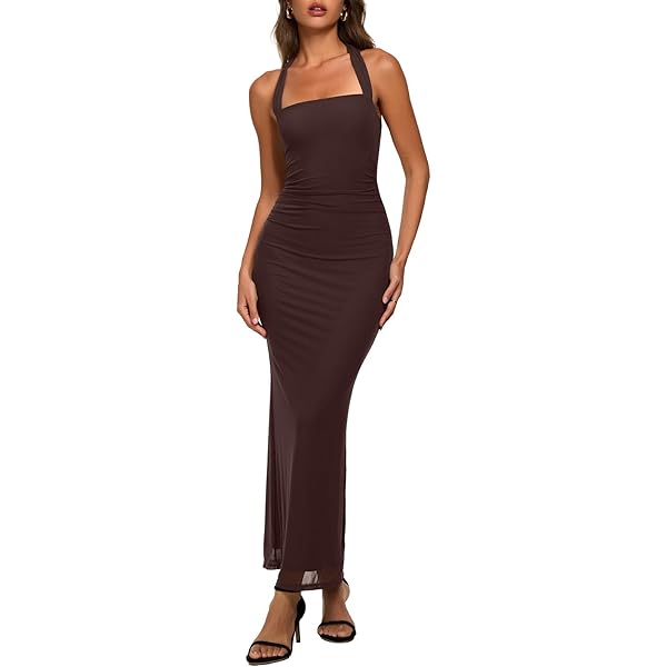 slim fit dress slacks Sabrina Beaded Halterneck Maxi Dress Brown | Wedding Guest Dress | Halter Neck main image 1