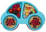 Silicone Divided Toddler Plates - Portable Non Slip Suction Plates for Children Babies and Kids BPA Free FDA Approved Baby Dinner Plate (New Car-Blue)
