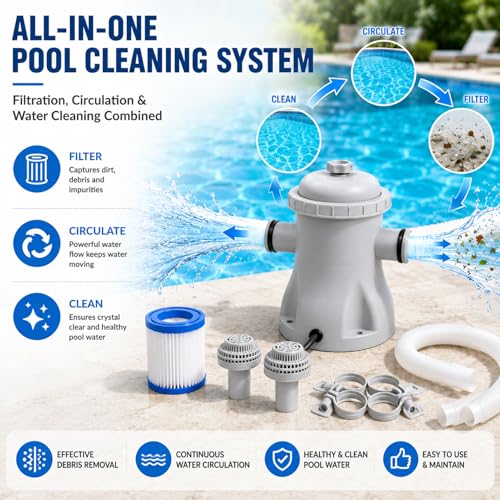 Denash de Bomba de filtros de Piscina de Cartucho, 330 GPH, Potente Bomba de Filtro de Piscina, Cartucho eléctrico de Alta eficiencia para Piscinas sobre el Piso
