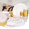 Earths-Dream-Gold-Plastic-Plates-Set-A-Complete-Disposable-Dinnerware-Set-with-100-Party-Plates-25-Dinner-25-Salad-25-Soup-25-Dessert-125-Gold-Silverware-25-Cups-50-Napkins-Table-Runner Earth’s Dream Disposable Dinnerware Set for Christmas: 100 Gold Plastic Plates Set for Party (25 Dinner, 25 Salad, 25…