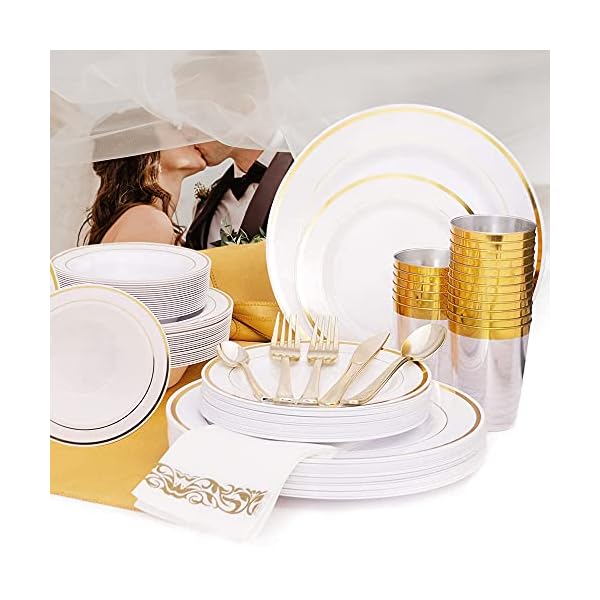 Earths-Dream-Gold-Plastic-Plates-Set-A-Complete-Disposable-Dinnerware-Set-with-100-Party-Plates-25-Dinner-25-Salad-25-Soup-25-Dessert-125-Gold-Silverware-25-Cups-50-Napkins-Table-Runner Earth’s Dream Disposable Dinnerware Set for Christmas: 100 Gold Plastic Plates Set for Party (25 Dinner, 25 Salad, 25…