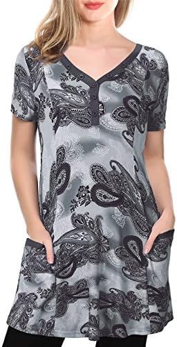 Bebonnie Tunic Tops, Women's Henley Short Sleeve V Neck Summer Casual Flare Blouse Shirts with Pocket Black_Grey XL