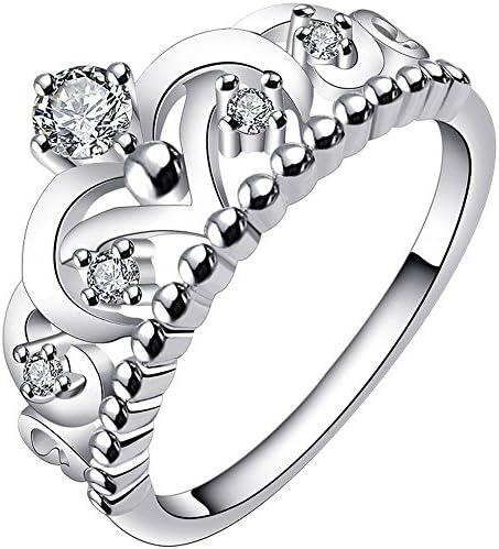 AONEW Women 925 Sterling Silver Plated Cubic Zirconia CZ Cute Princess Crown Tiara Ring Love Wedding Band Szie 5