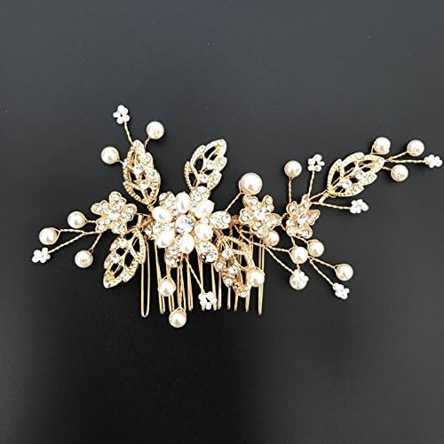 Ammei Women's Wedding Headpiece Luxury Handmade Bridal Side Comb With Crystal And Pearls (Gold)