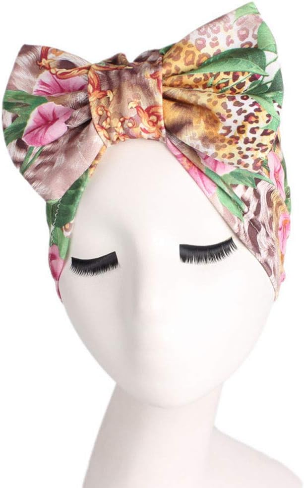 LCLrute Women Ladies Retro Leopard,Flower, Peacock Printting Bow Headband Cap Muslim Hat Retro Turban Hat Head Scarf Wrap Cap