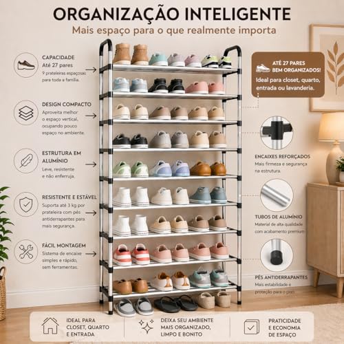 Sapateira Vertical em Alumínio, Preta | 9 Prateleiras, Para 27 Pares
