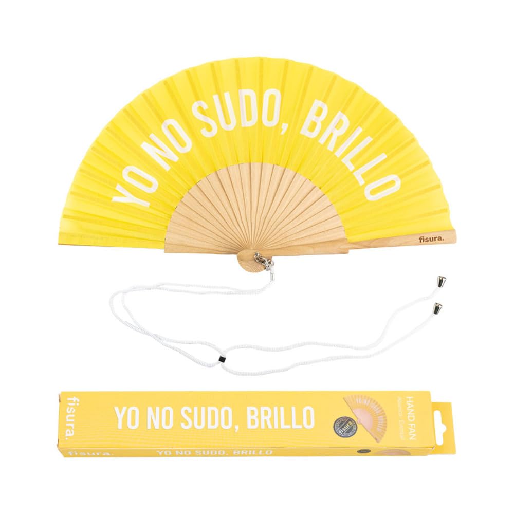 Fisura - Original handheld folding fan with the message in Spanish. Wooden fan. Original holding Hand Fans. Fan with hanger included (Brillo, yellow)