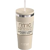 RTIC 20oz Everyday Tumbler Insulated Stainless Steel Portable Travel Coffee Cup with Straw, Ceramic Lining, Spill-Resistant Lid, BPA-Free, Hot and Cold Drink, Beach