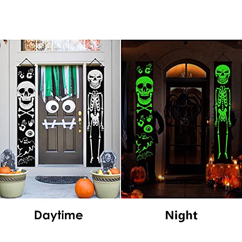 2021 Luminous Halloween Porch Sign for Frontdoor Window Deocration Thrilling Banner with Glowing Green Skeleton at Night Add Terrorist Atmosphere Party Yard Sign 11.8X70.8 Inch