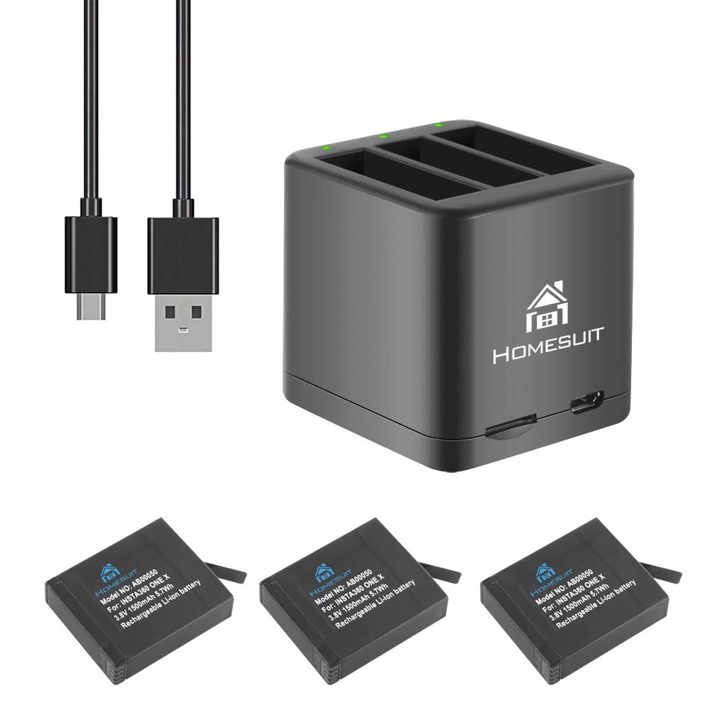 Homesuit 1500mAh Replacement Battery(3-Pack) Compatible with Insta360 ONE X Camera and A Triple Slot USB Charger with Built-in TF Memory Card Reader — image 1
