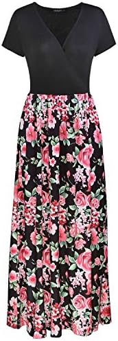 OUGES Women's Casual V-Neck Long Maxi Dress with Pockets(Black,XXL)