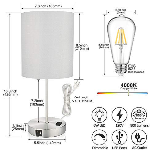 Touch Control Table Lamp, 3 Way Dimmable Bedside Desk Lamp with 2 Fast USB Charging Ports and AC Outlet, Nightstand Lamp for Bedroom Living Room, Modern Office Lamp, Silver Base, 60W LED Bulb Included
