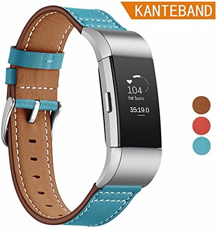 For Fitbit Charge 2 Replacement Bands, Men Classic Genuine Leather Wristband with Metal Connectors by Kanteband, Fitness Large Strap for Fit-bit Charge2 Watch (Blue)