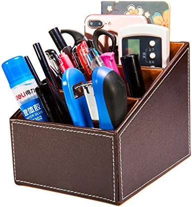 XJCKING Home Office 3 Slot Trapezoid PU Leather Desk Remote Controller Holder Sundries Storage Box TV Guide/Mail/Pen/CD Organizer/Caddy with Cable Organizer (Dark Brown )