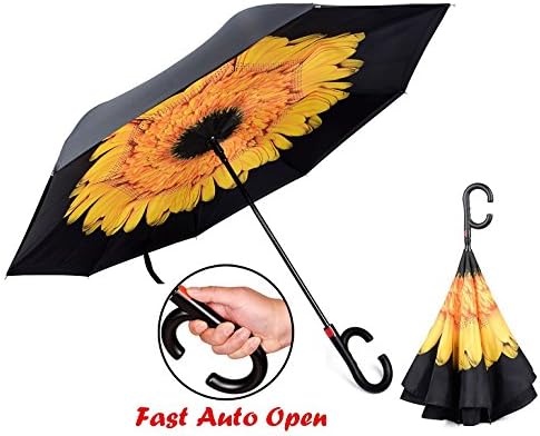 Sopout Creative Automatic Cars Reverse Umbrella Double Layer UV Proof and Windproof Inverted Umbrella Straight Waterproof Outdoor Travel Umbrella (Black - Sunflower)