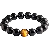 Jewever Black Obsidian with Tiger eye Womens Mens Bracelet Stretch Healing Crystal 12mm Beads Gemstone Unisex 7"