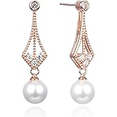 14K Gold Crystal Pearl Drop Earrings for Women,Dainty Freshwater Teardrop Crystal Long Dangle Earrings,Fashion Jewelry Gift for Her