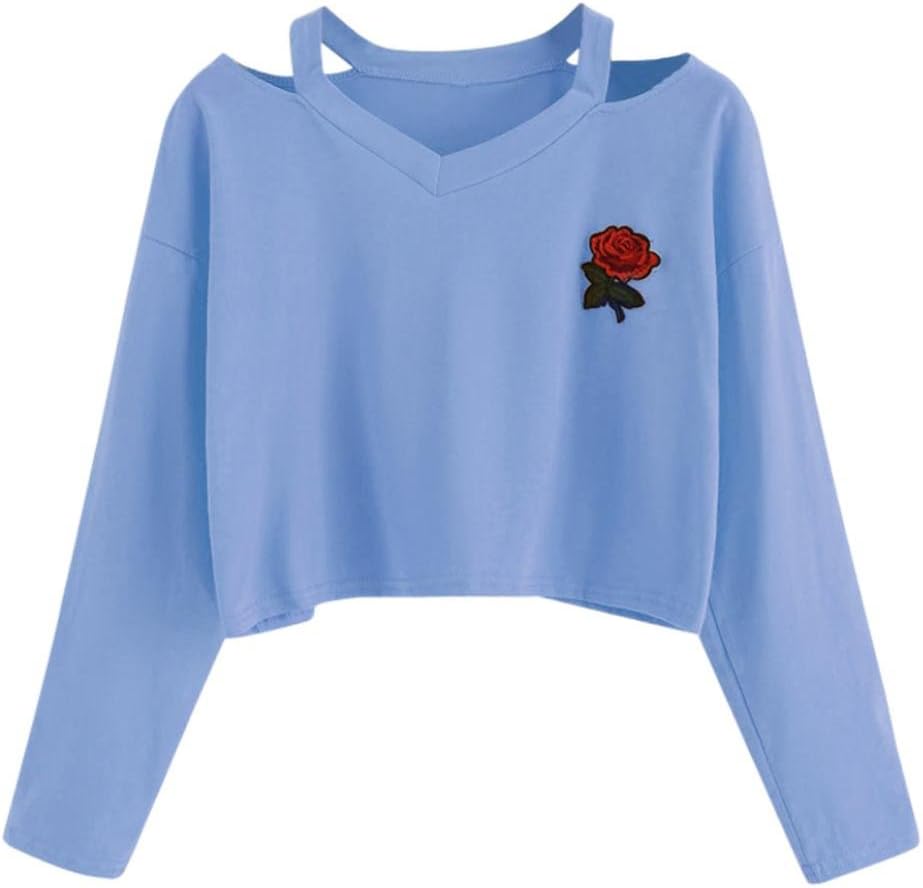 Hansee Fashion Women Crop Tops, Long Sleeve Sweatshirt Rose Print Cold Shoulder Blouse (Blue, M)