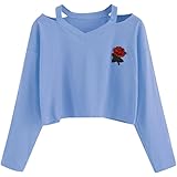 Hansee Fashion Women Crop Tops, Long Sleeve Sweatshirt Rose Print Cold Shoulder Blouse (Blue, M)