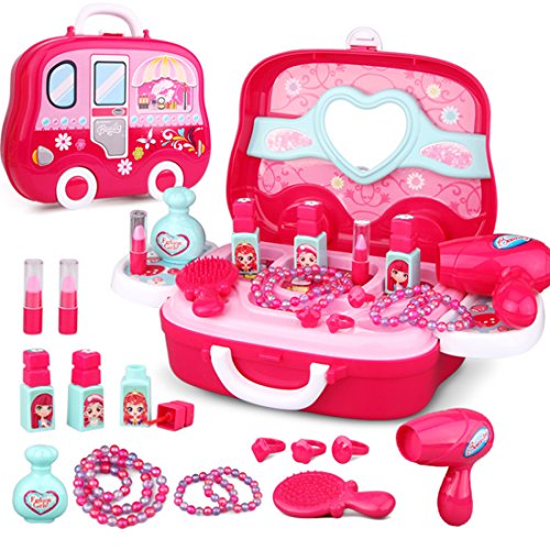 Pretend Makeup Kit, WOLFBUSH Cosmetic and Salon Beauty Playset with Carrying Box Dress Up Toy Vanities for Girls - Pink