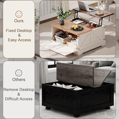 ChooChoo Farmhouse Coffee Table with Hidden Storage, Large Square Center Coffee Table with Lifting Top and Flip Drawer, Wood Rustic Cocktail Coffee Table for Living Room, Soft White