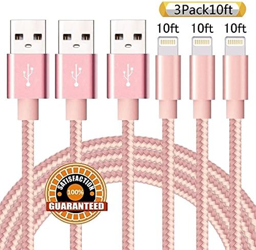 Suanna Lightning Cable 3PACK 10FT USB Syncing and Charging iPhone Cable Data Nylon Braided Cord Certified for iPhone X/8/7 Plus/6/6s/6+/5/5c/5s/SE/iPad/iPod Nano/iPod Touch (Pink)