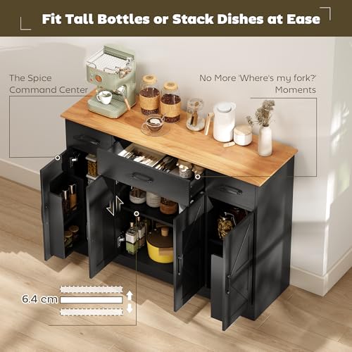 HOMCOM Farmhouse Sideboard Buffet Cabinet with Soft-Close Hinges, 47" Coffee Bar Cabinet with 3 Drawers and 3 Adjustable Shelves, Kitchen Pantry with Spice Racks, Black Wood Grain