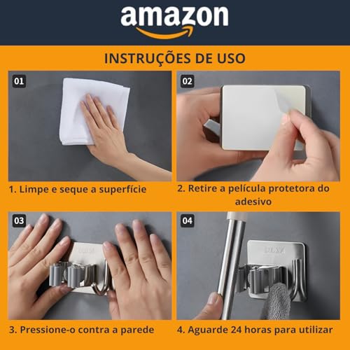 Kit 3 Unidades – Suporte Porta Vassouras em Aço Inox Premium com Prendedores Antiderrapantes e Ganchos – Organização Completa para Cozinha, Lavanderia e Garagem com Fixação Adesiva