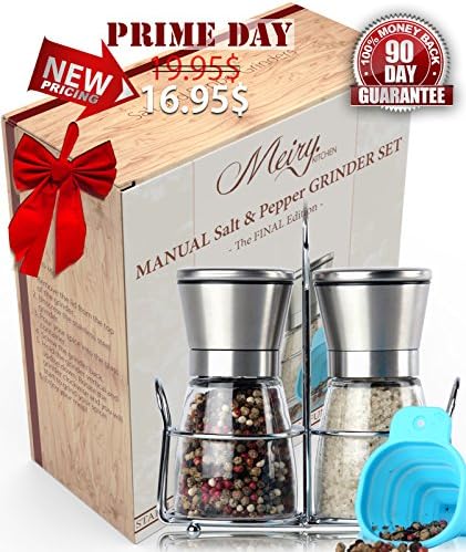Luxury Salt and Pepper Grinder Set with Matching Stand - Upgraded Stainless Steel Salt Mill and Pepper Mill Shakers | Adjustable Ceramic Rotor | Easy Fill Blue Folding Funnel and an eBook by Meiry