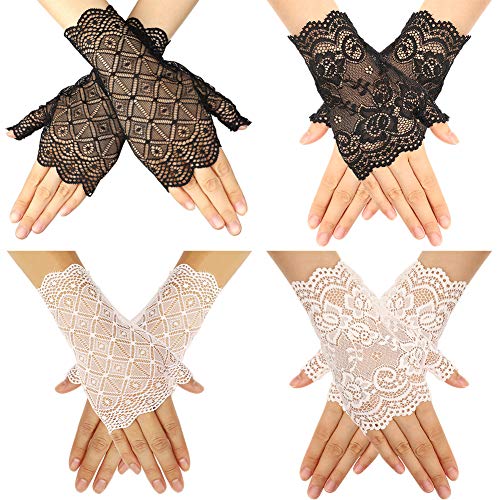 BKpearl 4 Pairs Fingerless Lace Gloves, Short Floral Gloves Ladies Lace Gloves for Women - Thumbnail 7