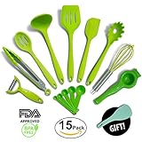 Silicone Cooking Utensils | 15pc | MOST RELIABLE Cooking Utensils For You | Includes Veggie Peeler, Lemon Squeezer & FREE Rice Paddle | Non-Stick Utensils | Heat Resistant & Dishwasher Safe